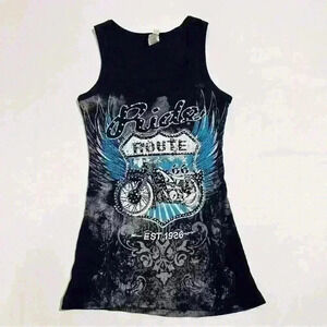 Vintage Route 66 Womens Rhinestones Bedazzle Tank Top Biker Wings All Over Print